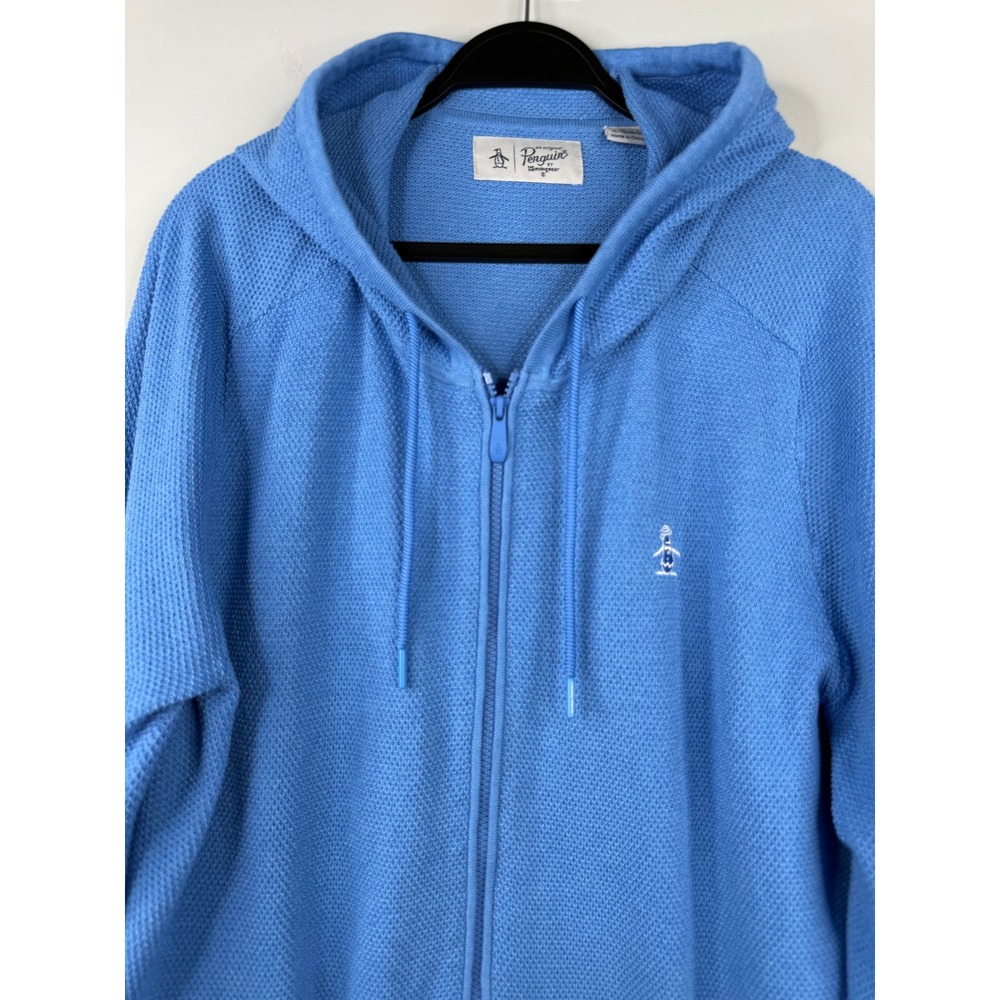 Original Penguin Mens XL Blue Waffle Knit Full Zip Hoodie Sweater Munsingwear